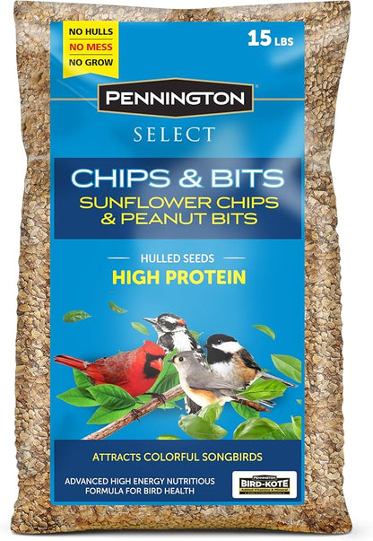 Pennington Select Chips &amp; Bits Wild Bird Seed for Outside Feeders, High-Protein, No-Hull &amp; No-Waste, Sunflower Chips &amp; Peanut Bits Attract Songbirds,15-lb. Bag