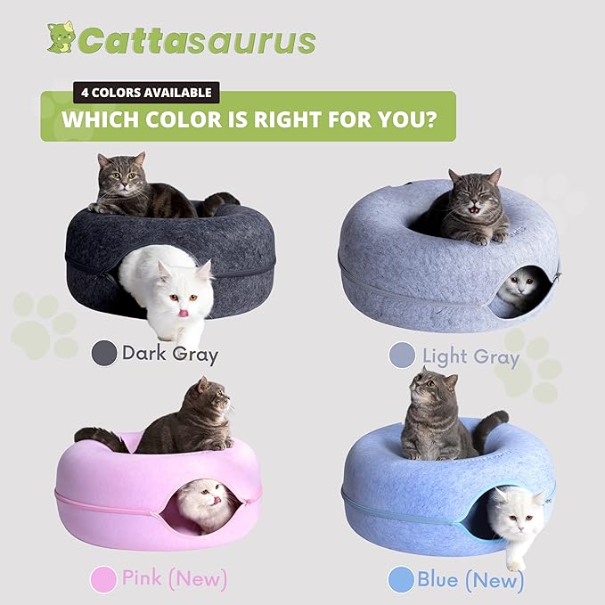 Cattasaurus Peekaboo Cat Cave for Multiple &amp; Large Cats Up to 30-45 Lbs, Scratch Detachable &amp; Washable Tunnel Bed, Comfy Donut Cat Cave (Pink, Large)