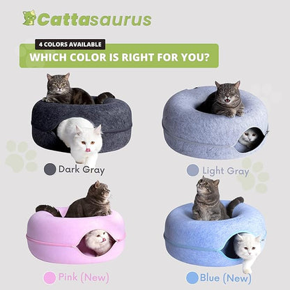 Cattasaurus Peekaboo Cat Cave for Multiple &amp; Large Cats Up to 30-45 Lbs, Scratch Detachable &amp; Washable Tunnel Bed, Comfy Donut Cat Cave (Pink, Large)
