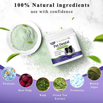 Dog Teeth Cleaning Powder, Pet Dental Powder -Dental Care, Dogs Breath Freshener with Probiotics for Tartar &amp; Reduces Plaque &amp; Bad Breath Teeth Cleaning for Small, Medium, Large Dogs 100g
