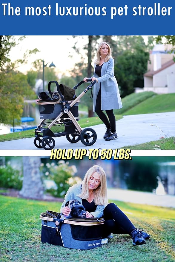HPZ Pet Rover Prime 3-in-1 Luxury Dog/Cat Stroller (Travel Carrier + Car Seat +Stroller) with Detach Carrier/Pump-Free Rubber Tires/Aluminum Frame/Reversible Handle for Medium &amp; Small Pets (BLACK)