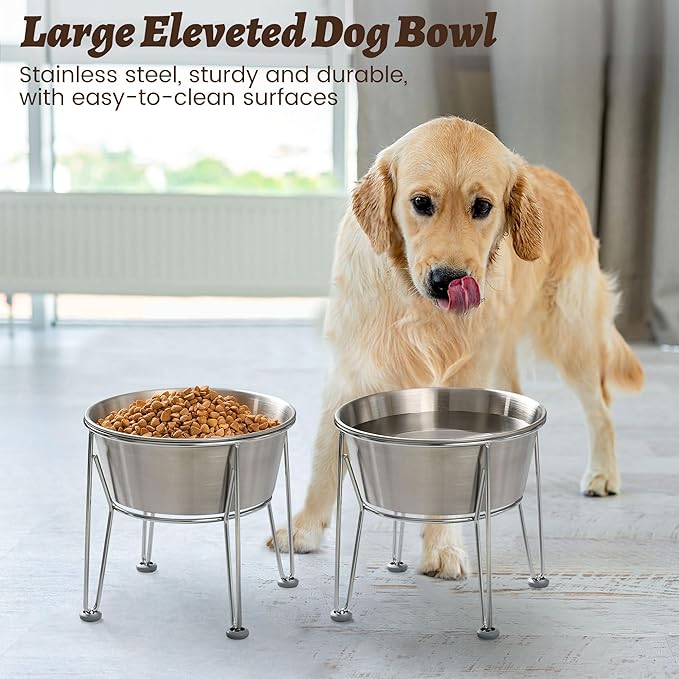 Elevated Dog Bowls for Large &amp; Medium Dogs - Stainless Steel 64oz/8 Cup Raised Feeder with Non-Slip Base, Dual Food &amp; Water Bowls 2-Pack