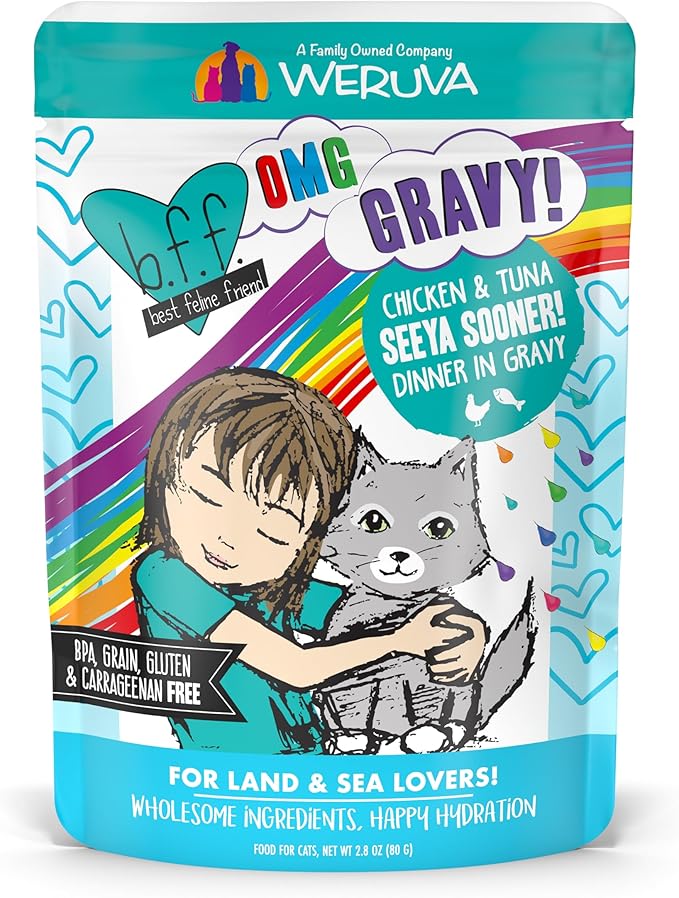 Weruva B.F.F. OMG - Best Feline Friend Oh My Gravy!, Seeya Sooner! with Chicken &amp; Tuna in Gravy Cat Food, 2.8oz Pouch (Pack of 12)