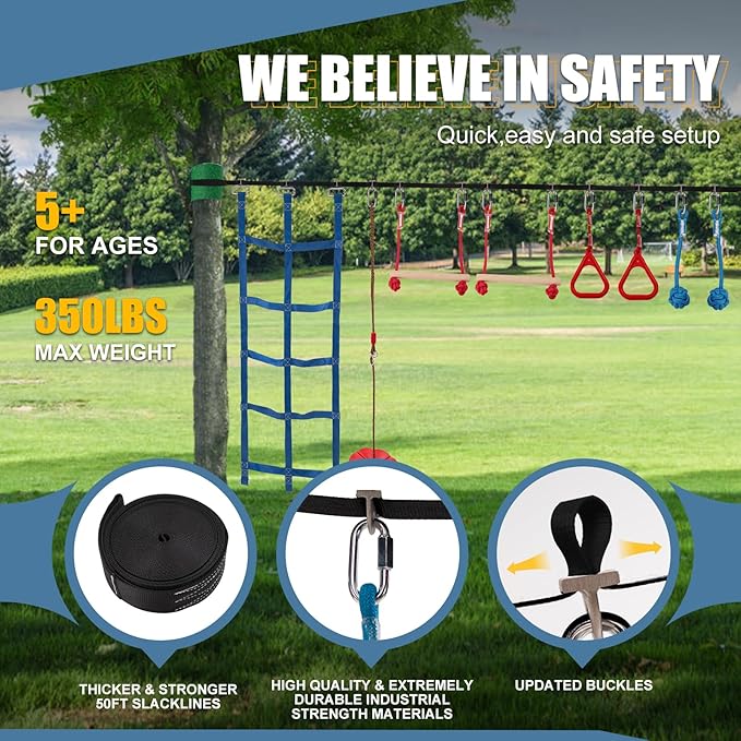 Slsy Ninja Warrior Obstacle Course for Kids, 50FT Durable Ninja Slackline Kit with 8 Complete Accessories, Playset Equipment with Swing, Climbing Net, Ladder &amp; Monkey Bars (8 Obstacles)