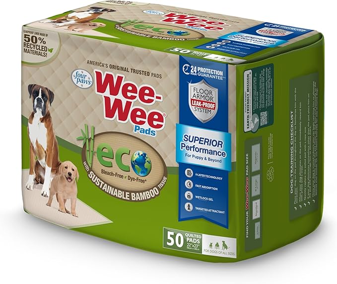 Four Paws Wee-Wee Superior Performance Bamboo Pee Pads for Dogs, Earth Friendly Dog &amp; Puppy Potty Training Pads, Crate Liners, Housebreaking Supplies, 22" x 23" (50 Count)