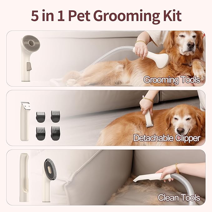 Dog Grooming Vacuum Kit, 2.5L Large Capacity, Dogs &amp; Cats Vacuum for Shedding, 4 Pet Grooming Tools, Low Noise, Dog Nail Clipper as A Gift