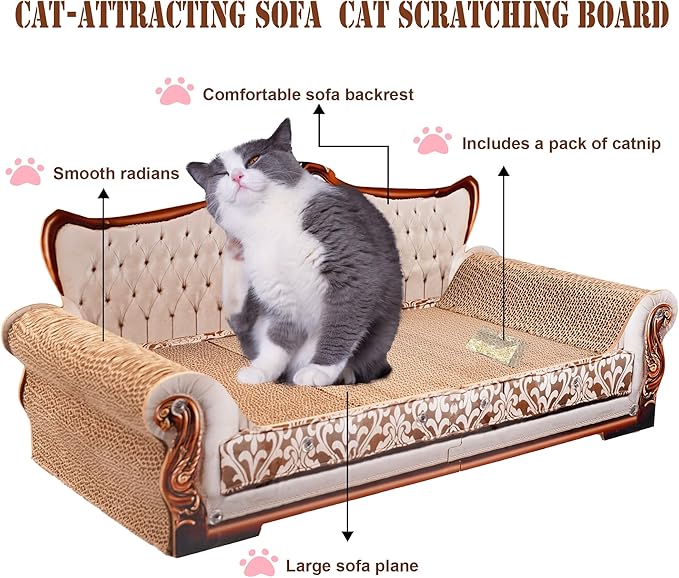 Scratching Sofa, Couch Shaped Thick Scratching Cardboard, Lounge Bed for Indoor Rest&amp;Play, Sofa Scratcher Pad (Silver, 27.6" L X 12.4" W X 11.8" H)