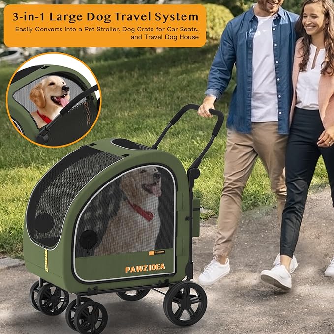 PAWZIDEA Dog Stroller for Large Dogs, Collapsible Pet Stroller with Detachable Carrier, Portable Dog Crate for Car Seat, Adjustable Handle, All-Terrain 9” Wheels, Ideal for Travel &amp; Outdoor Adventures