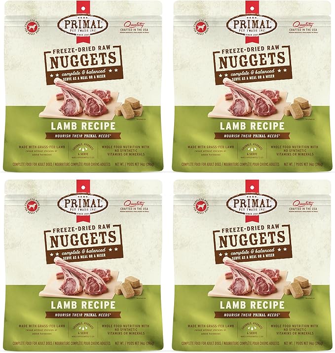 Primal Freeze Dried Raw Dog Food Nuggets, Lamb, Complete &amp; Balanced Meal, Also Use as Topper or Treat, Premium, Healthy, Grain Free, High Protein Raw Dog Food, 14 oz (Pack of 4)