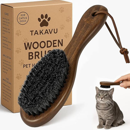 Takavu Boar Bristle Cat Hair Brush, Gentle Grooming Brush with Natural Bristles and Wooden Handle for Sensitive Skin, Pet Cleaning Supplies Keeping Your Cat&