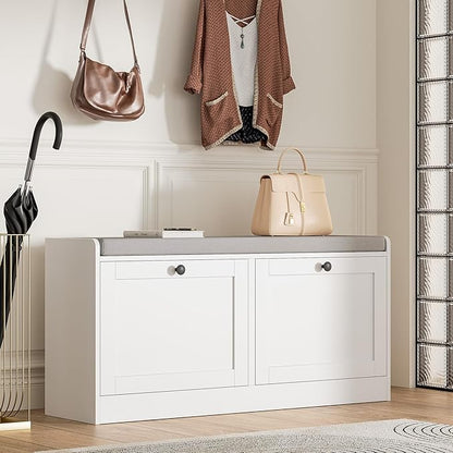 MHOM White Entryway Bench with 2 Flip Drawers, Shoe Bench with Padded Seat Cushion, Wooden Shoe Storage Bench for Entryway and Apartment