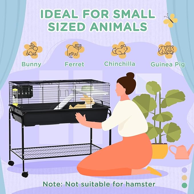 PawHut Two-Story Small Animal Cage Removable from Stand, Guinea Pig Cage with Shelf &amp; Wheels, Pet Habitat for Hedgehog, Chinchilla, Ferret, 39" x 20.5" x 36.5", Black