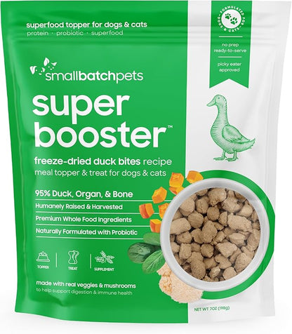 smallbatch Freeze Dried Dog Treats, Superfood Food Topper Duck Bites for Dogs &amp; Cats, Probiotics, Organic Ingredients, High Protein, Grain Free Healthy Treat or Food Topper, Made in The USA, 7 oz Bag