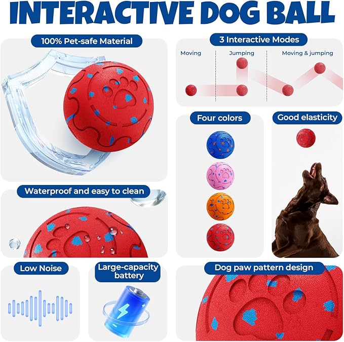 Dog Balls: Interactive Dog Ball Auto Rolling - Interactive Dog Toys for Aggressive Chewers - Bouncy &amp; Throwable, Type-C Rechargeable, Washable, for Small &amp; Medium &amp; Large Dogs – Red