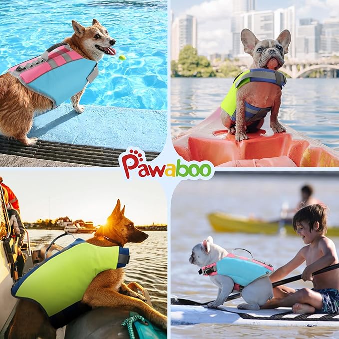 Pawaboo Dog Life Jacket - Reflective Safety Vest with Strong Buoyancy &amp; Rescue Handle, Ripstop Dog Lifesaver for Swimming, Boating - Bright Yellow, S