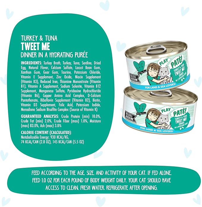 Weruva B.F.F. Play - Best Feline Friend Paté Lovers, Aw Yeah!, Turkey &amp; Tuna Tweet Me! with Turkey &amp; Tuna, 5.5oz Can (Pack of 8)