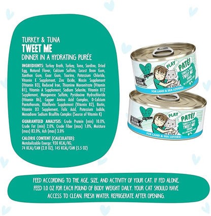 Weruva B.F.F. Play - Best Feline Friend Paté Lovers, Aw Yeah!, Turkey &amp; Tuna Tweet Me! with Turkey &amp; Tuna, 5.5oz Can (Pack of 8)