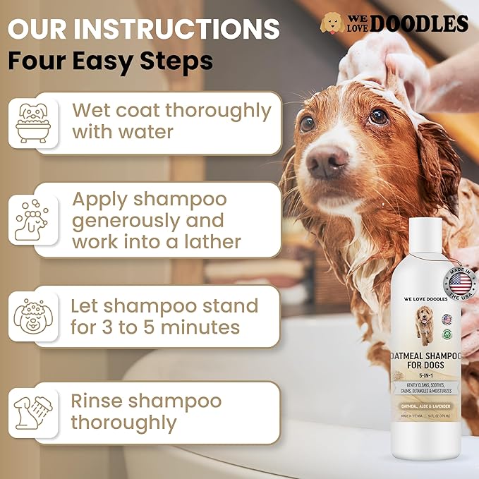 5-in-1 Premium Oatmeal Shampoo for Dogs, Gentle for Itchy &amp; Sensitive Skin, Provides Itch Relief, Hypoallergenic &amp; Soothing for Dry Skin, Moisturizing Anti-Itch, Made in USA, 16 oz [We Love Doodles]