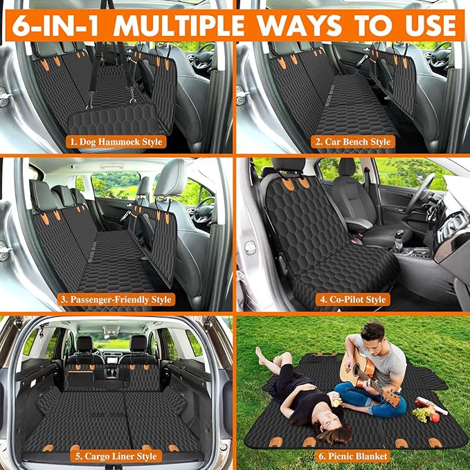 Dog Back Seat Cover, Waterproof Scratch Proof Nonslip Dog Hammock for Car, Car Seat Cover for Back Seat with Sanitary Pad Mesh &amp; Pocket for Cars SUVs and Trucks - S, Black/Orange