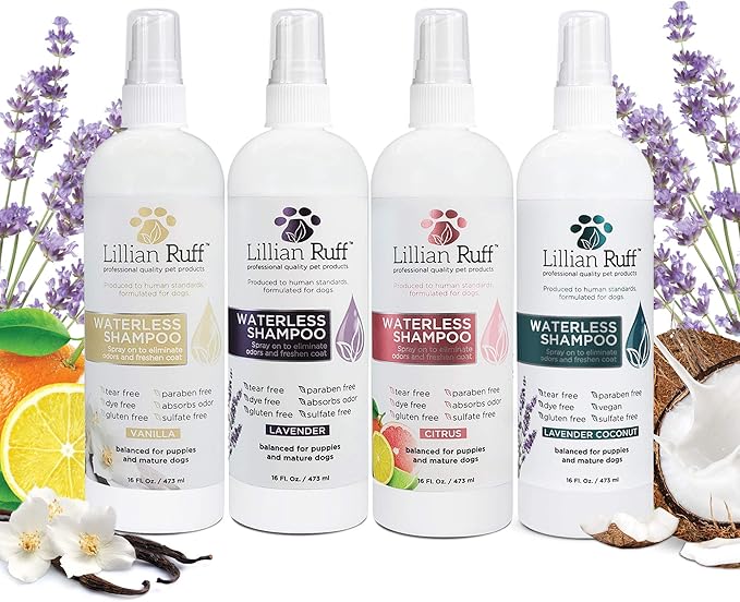 Lillian Ruff Waterless No-Rinse Dog Dry Shampoo Spray with Hydrating Essential Oils - pH-Balanced Dry Shampoo for Dogs - Clean, Condition, Detangle &amp; Deodorize Dry, Sensitive Skin (Lavender)