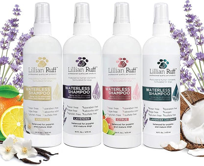 Lillian Ruff Waterless No-Rinse Dog Dry Shampoo Spray with Hydrating Essential Oils - pH-Balanced Dry Shampoo for Dogs - Clean, Condition, Detangle &amp; Deodorize Dry, Sensitive Skin (Lavender)