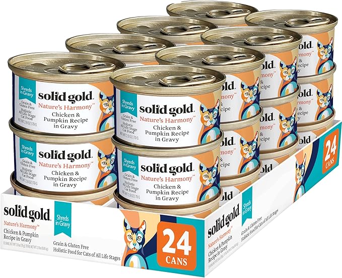 Solid Gold Wet Cat Food Shreds in Gravy - Healthy Canned Cat Food Made w/Real Chicken &amp; Pumpkin Shreds, Vitamins &amp; Minerals - Grain Free &amp; Gluten Free Canned Meals for Cats &amp; Kittens - 24ct/3oz Can