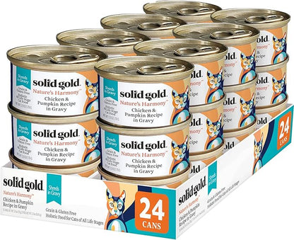 Solid Gold Wet Cat Food Shreds in Gravy - Healthy Canned Cat Food Made w/Real Chicken &amp; Pumpkin Shreds, Vitamins &amp; Minerals - Grain Free &amp; Gluten Free Canned Meals for Cats &amp; Kittens - 24ct/3oz Can