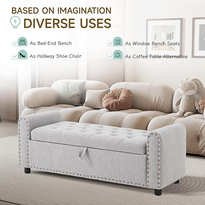 Ottoman with Storage, Tufted Storage Bench for Bedroom, 48" Fabrics End of Bed Bench, Upholstered Entryway Shoe Benches with Rolled Arm &amp; Inner Zipper, Window Ottomans Chest with Rivets, Light Grey