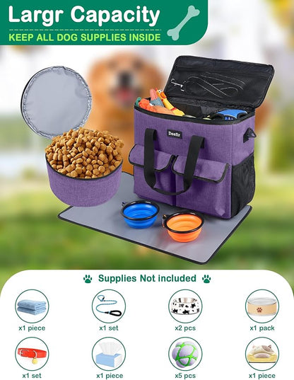 Large Pet Travel Bag Organizer - Dog &amp; Cat Tote with Food Containers, Bowls, Feeding Mat, Perfect for Camping, Hiking (Multi-Pocket Design)