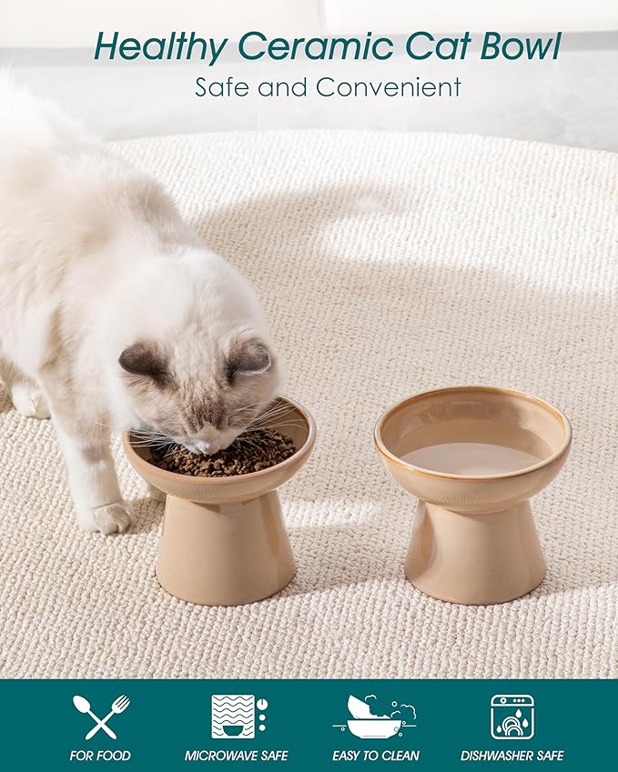vancasso Ceramic Elevated Cat Bowls 2-Pack - 6.2" Extra Wide Raised Cat Food &amp; Water Dishes, 5.1" Optimal Height Anti-Whisker Fatigue Shallow Bowls for Cats/Kittens/Dogs, Lead &amp; Cadmium Free (Brown)