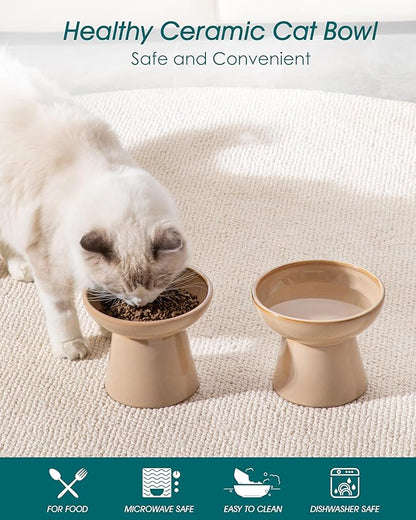 vancasso Ceramic Elevated Cat Bowls 2-Pack - 6.2" Extra Wide Raised Cat Food &amp; Water Dishes, 5.1" Optimal Height Anti-Whisker Fatigue Shallow Bowls for Cats/Kittens/Dogs, Lead &amp; Cadmium Free (Brown)