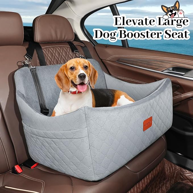 Dog Car Seat for Medium &amp; Large Dogs Up to 55lbs, Memory Foam Cushion, Washable Cover, Safety Straps &amp; Non-Slip Base(Grey,Large)