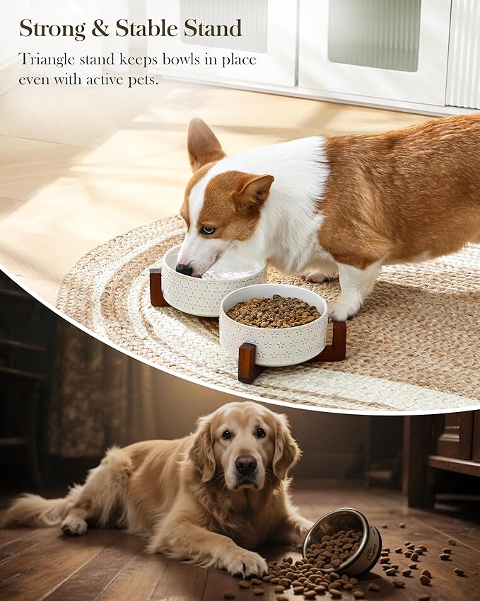 MALACASA Dog Bowl Set with Walnut Wood Stand, 3.5 Cups Ceramic Pet Bowls for Puppy Dogs, Dual Food and Water Bowls with Non-Slip Base, Basic Bowls for Your Dog or Cat, Five-Leaf Grass &amp; Honeycomb