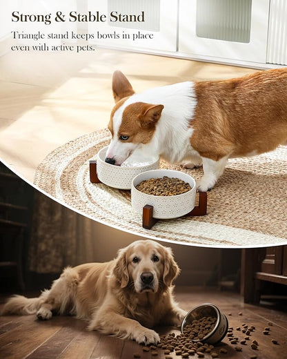 MALACASA Dog Bowl Set with Walnut Wood Stand, 3.5 Cups Ceramic Pet Bowls for Puppy Dogs, Dual Food and Water Bowls with Non-Slip Base, Basic Bowls for Your Dog or Cat, Five-Leaf Grass &amp; Honeycomb