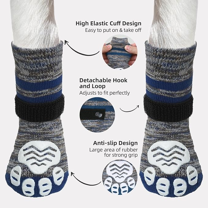 PUPTECK Non-Slip Dog Socks to Prevent Licking Paws, Double Sides Dog Boots &amp; Paw Protectors Booties on Hardwood Floors Hot Pavement with Grippers, for Small Medium Large Senior Dogs, Navy Blue L