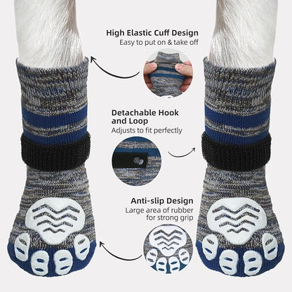 PUPTECK Non-Slip Dog Socks to Prevent Licking Paws, Double Sides Dog Boots &amp; Paw Protectors Booties on Hardwood Floors Hot Pavement with Grippers, for Small Medium Large Senior Dogs, Navy Blue L