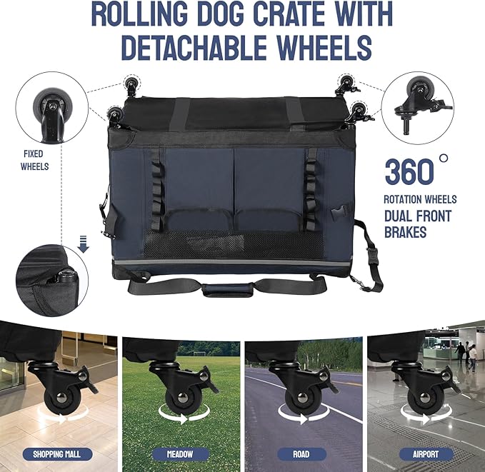 30IN Soft Collapsible Dog Crate w Detachable Wheels, Rolling Travel Dog Crate for Medium Breed Dogs, Portable Dog Kennel with Mesh Windows, Indoor &amp; Outdoor Uses