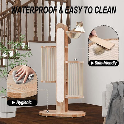 Modern Cat Tree Tower for Indoor Cats, 67" Tall Solid Wooden Cat Tower with Scratching Posts, 6 Level Natural Luxury Cat House with Big Bed, Washable Cushions Cat Furniture for Large Cats White