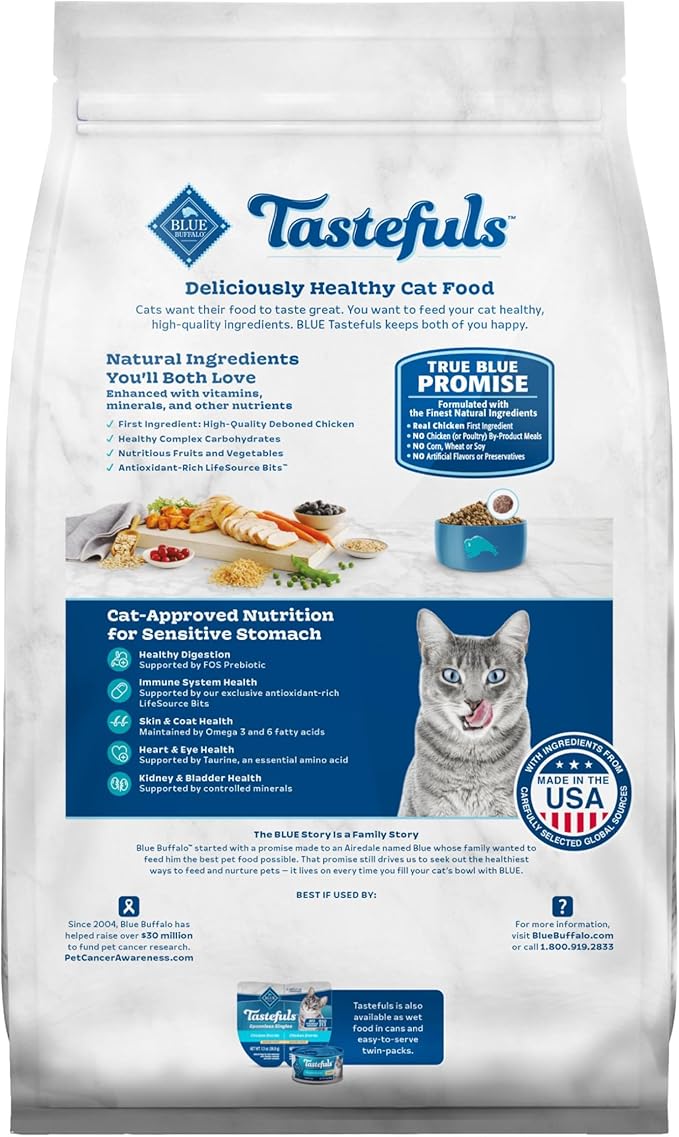 Blue Buffalo Tastefuls Natural Dry Food for Adult Cats, Sensitive Stomach, Chicken &amp; Brown Rice Recipe, 3-lb. Bag