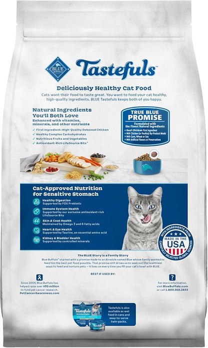 Blue Buffalo Tastefuls Natural Dry Food for Adult Cats, Sensitive Stomach, Chicken &amp; Brown Rice Recipe, 3-lb. Bag