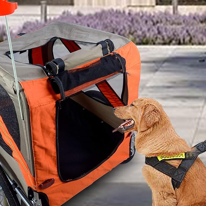 H&amp;B Luxuries Pet Bike Trailer Load 68 Pounds, Suitable for Big and Small Dogs, Folding Storage, Detachable, Easy to Install, Breathable Protective Net Pet Cart