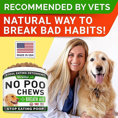 STRELLALAB No Poo Chews for Dogs - Coprophagia Deterrent for Dogs - No Poop Eating - Digestive Enzymes - Gut Health &amp; Immune Support - Stop Eating Poop - (180Ct, Poultry)