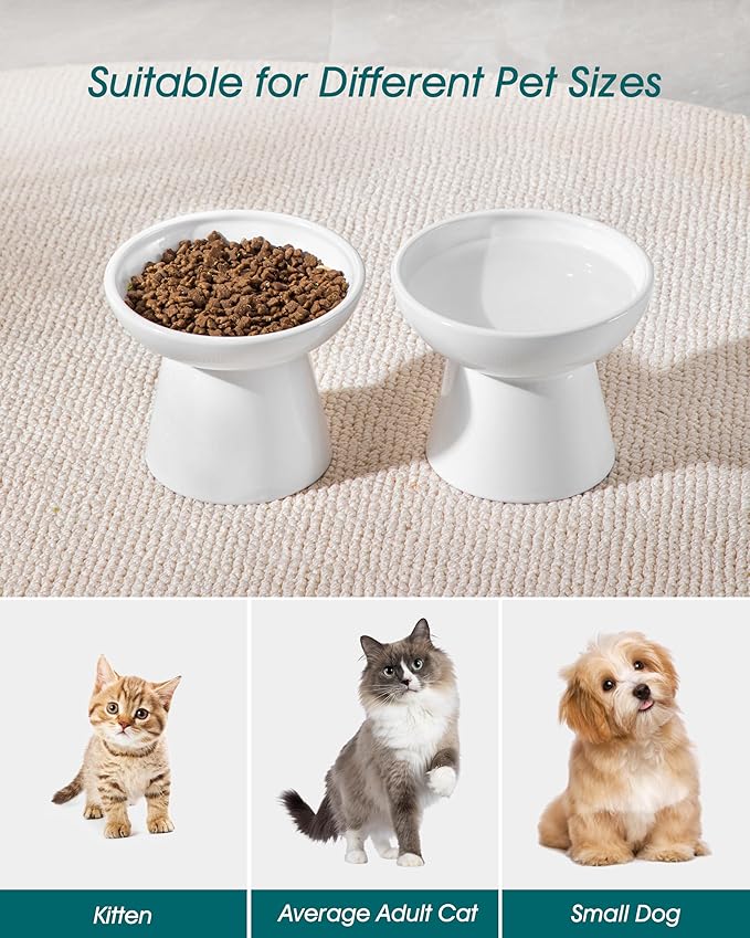 vancasso Ceramic Elevated Cat Bowls 2-Pack - 6.2" Extra Wide Raised Cat Food &amp; Water Dishes, 5.1" Optimal Height Anti-Whisker Fatigue Shallow Bowls for Cats/Kittens/Dogs, Lead &amp; Cadmium Free (White)