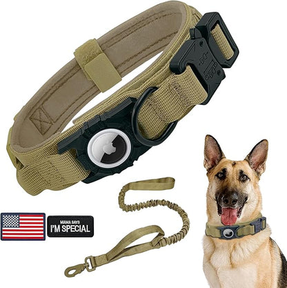 Tactical AirTag Dog Collar Leash Set - Heavy Duty, Adjustable GPS Collar Compatible with Apple AirTag, with Holder &amp; Control Handle for Medium/Large Dogs [Brown, XL]