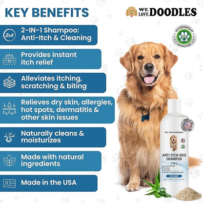 Premium Anti Itch Dog Shampoo for Sensitive Skin, Made in USA, Dry Skin Treatment for Dogs, Great for Allergies, Itching, Hot Spots, Natural Ingredients &amp; Allergy Relief, 16 OZ [We Love Doodles]