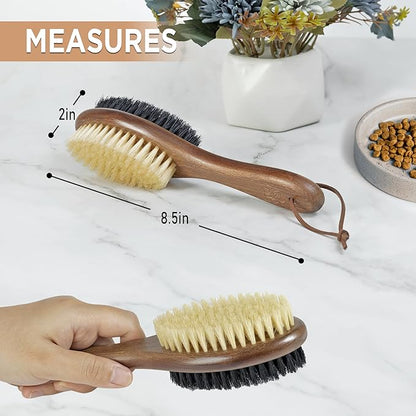 Takavu Double-Sided Boar Bristle Cat Brush - Natural Grooming Tool for Gentle Cleaning, Shine &amp; Reduced Loose Hair - Wood Handle Pet Brush