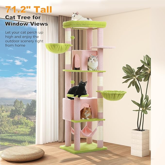 71.2" Large Cat Tree for Multi-Cat Households - Heavy-Duty 9-Level Cat Tower w/5 Sisal Scratching Posts, 2 Condos, 3 Hammocks, Extra-Large Perch &amp; Pompoms - Space-Saving, Pink