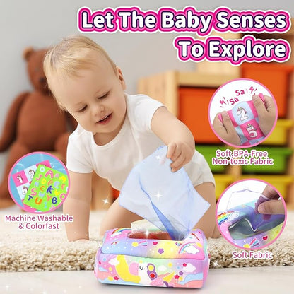 Baby Toys 6 to 12 Months - Tissue Box Toy, Tissue Learning Toys with Alphabet Number Color Sound, Baby Sensory Toy Gifts for 6 9 12 18 Months Old
