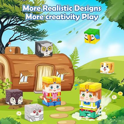Magnetic Blocks with Forest Animals Toys, Build Mine Magnet World Set, Magnetic Tiles Building for Boys &amp; Girls Age 4-8 5-7, STEM Montessori Sensory Toys for 3+ Toddlers Kids Gifts