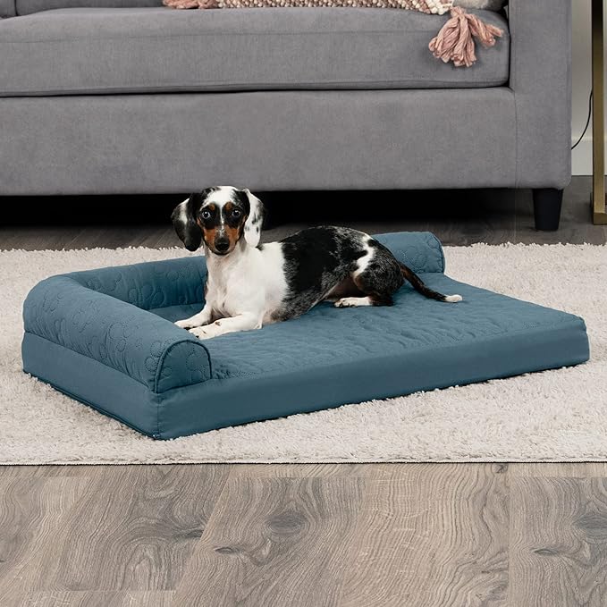 Furhaven Cooling Gel Dog Bed for Medium/Small Dogs w/ Removable Bolsters &amp; Washable Cover, For Dogs Up to 35 lbs - Pinsonic Quilted Paw L Shaped Chaise - Bluestone, Medium